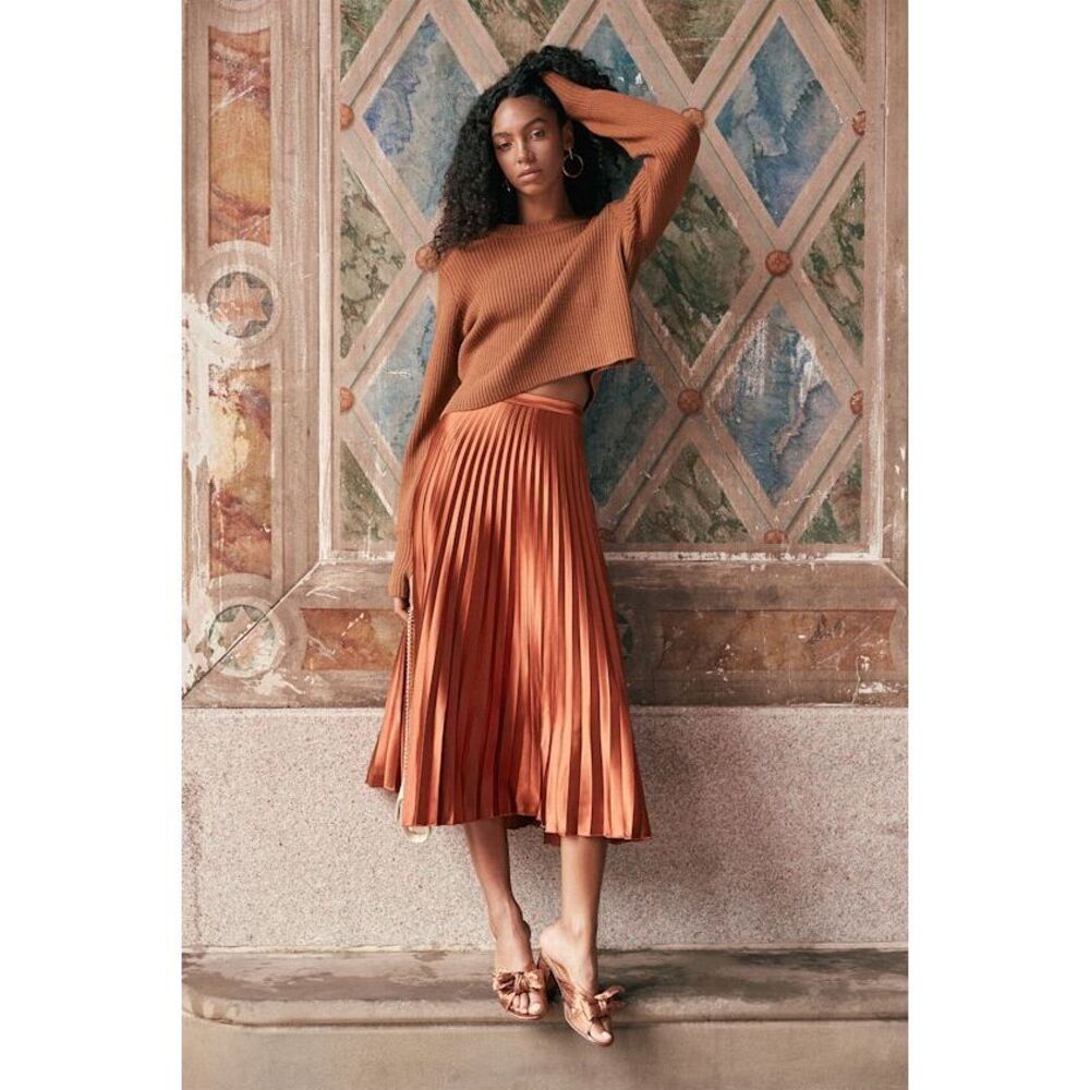 Lulus Rust Brown Satin Pleated Midi Skirt - Picture 1 of 4